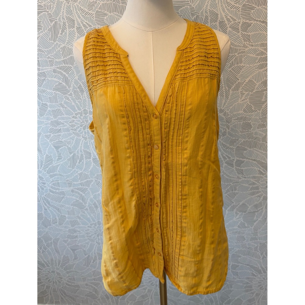 Prana Womens Fall Ochre Mustard Organic Cotton Blend Pintuck Sleeveless Blouse M